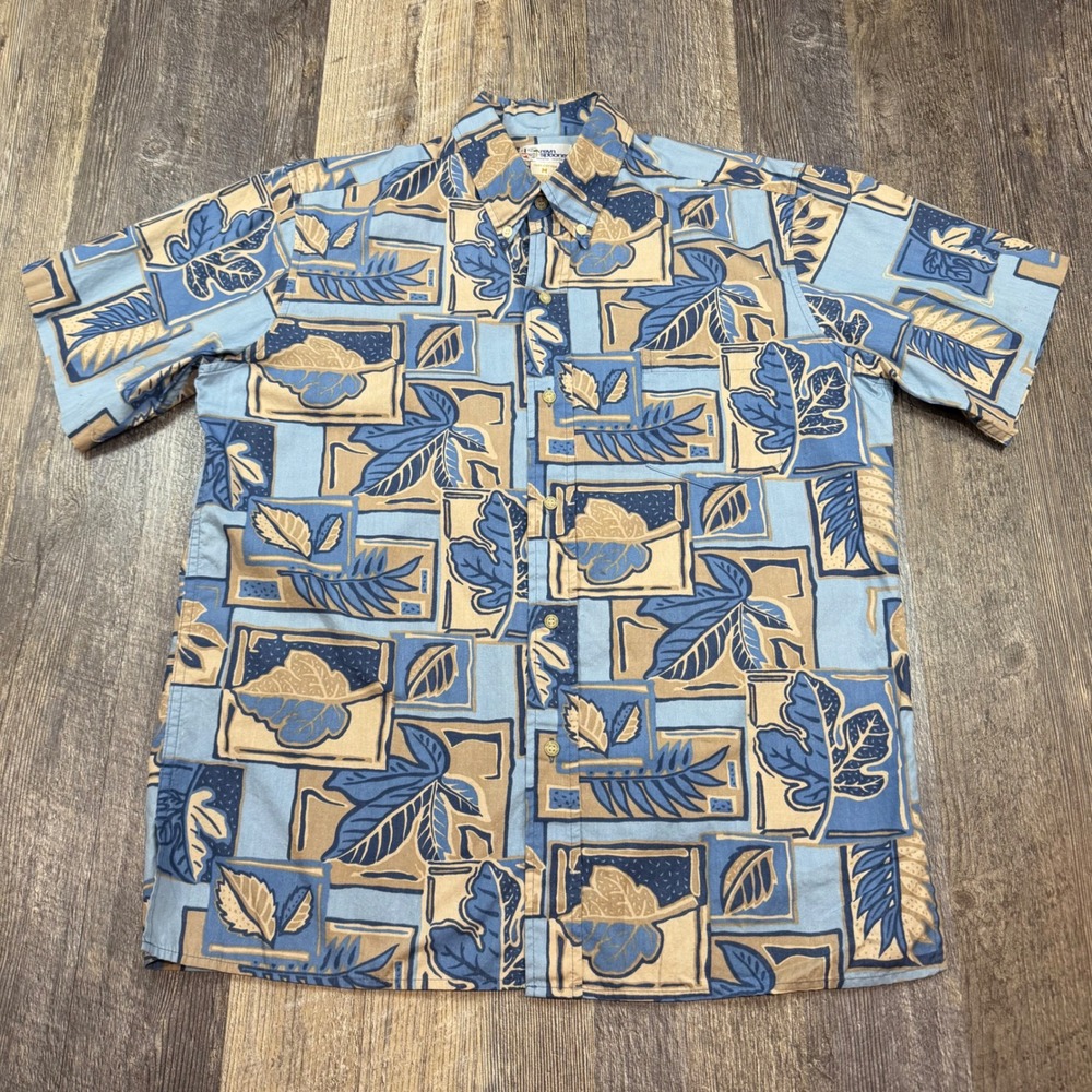 Reyn Spooner Button Down Shirt Mens Medium Blue Tan Vintage Hawaiian Leaf Print
